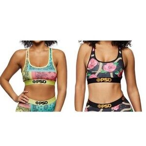 2 PSD WOMEN BRIGHTS PATCHWORK, CHAINED GRDN PINK SPORTS BRA SIZE MEDIUM